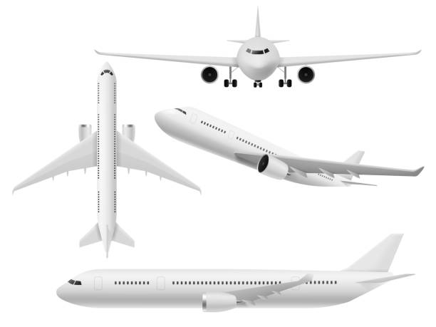 istock Airplane 3d. Airliner top, side and front view. Flying aircraft in various angle, air transport, commercial journey trip and travel aviation passenger plane realistic vector set 1272298833
