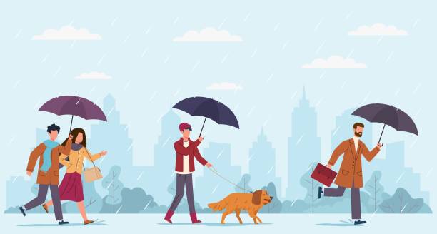 People autumn rain. Women and men with umbrella walking at rainy windy day on street, boy walking with dog and businessman run on puddles on cityscape, seasonal weather vector flat concept People autumn rain. Women and men with umbrella walking at rainy windy day on street, boy walking with dog and businessman run on puddles on fall cityscape seasonal weather vector flat cartoon concept dog splashing stock illustrations