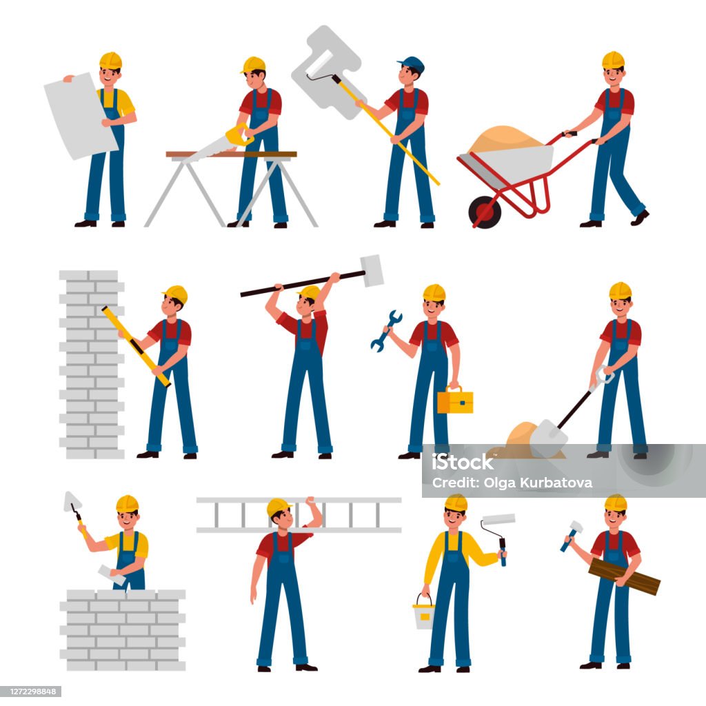 Ilustración de Trabajadores De La Construcción Constructores De Dibujos Animados En El Trabajo De Casco Con Herramientas De Construcción Sierra Martillo Y Llana Pala Y Escalera Construcción Y Renovación Casa Plana Vector Ilustración de Trabajadores De La Construcción Constructores De Dibujos Animados En El Trabajo De Casco Con Herramientas De Construcción Sierra Martillo Y Llana Pala Y Escalera Construcción Y Renovación Casa Plana Vector