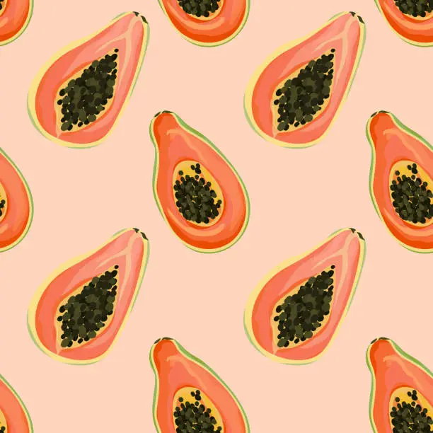 Vector illustration of Seamless background with tropical fruits, Papaya exotic texture for wallpaper, textile pattern, botanical vector illustration, fabric fashion, tropic template