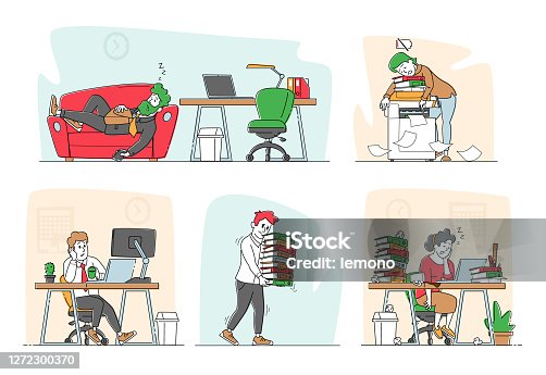 istock Set of Tired Workers in Office. Overworked Business Characters Sleep on Workplace Desk. Laziness, Emotional Burnout 1272300370
