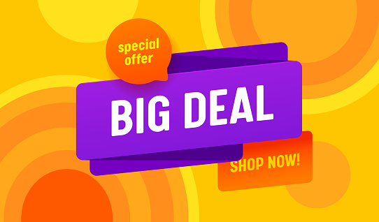 Big Deal Sale Advertising Banner with Typography on Colorful Background. Special Offer Backdrop Content Flyer Shop Now Media Promo. Branding Template Design for Shopping Discount. Vector Illustration