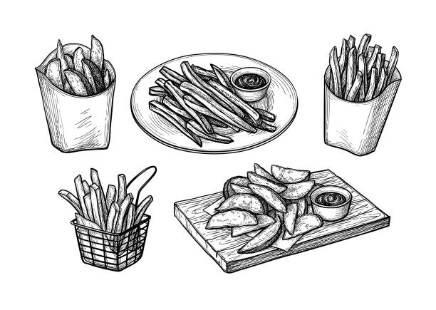 튀긴 감자의 잉크 스케치. - white background isolated on white cutting board cooking stock illustrations