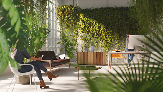 Inside a sustainable green home or home office, all items in the scene are 3D