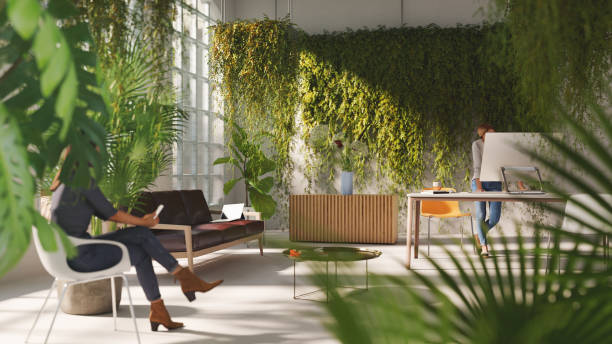 Green home Inside a sustainable green home or home office, all items in the scene are 3D green home decor stock pictures, royalty-free photos & images