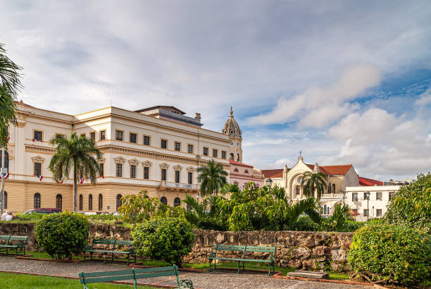 Government building and Sanctuario de la Esperanza, Casco Viejo, Panama City, Panama. stock photo