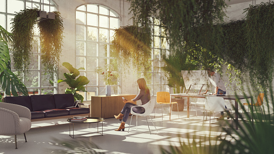 Inside a sustainable green office, all items in the scene are 3D