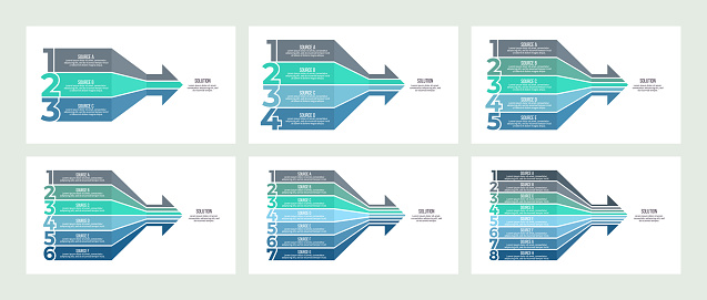 Business infographics. Arrow Chart with 3, 4, 5, 6, 7, 8 steps, options, sections. Vector template.