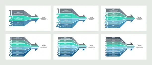 Vector illustration of Business infographics. Arrow Chart with 3, 4, 5, 6, 7, 8 steps, options, sections. Vector template.
