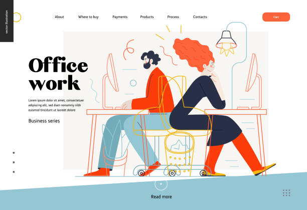 Business topics - office work, web template Business topics - office work, web template. Flat style modern outlined vector concept illustration. Man and woman sitting and working at the office desks with desktop computers. Business metaphor. corporate office cubicle stock illustrations