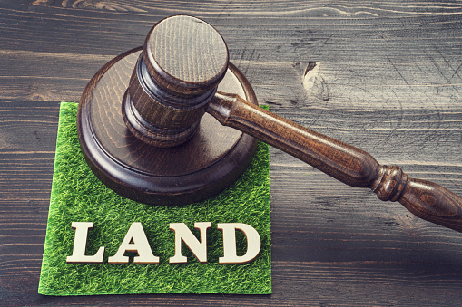 Gavel and word LAND spelled in letters on artificial turf. Land disputes litigation metaphor