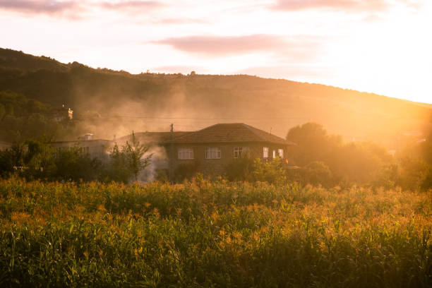 A village house at sunset