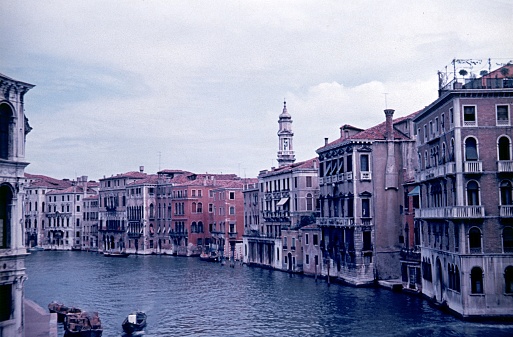 Venice, Veneto, Italy, 1957. Scene with old Renaissance houses on a large canal in the lagoon city of Venice.