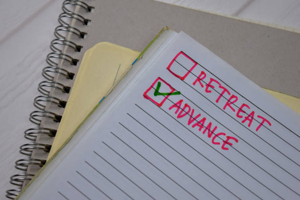 istock Retreat and Advance write on a book. Supported by an additional services isolated wooden table. 1272316719