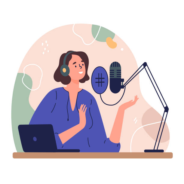 Podcast concept illustration Radio host.Podcast concept illustration.Young female podcaster sitting at a table in the studio and records her voice.Broadcaster at workspace.Vector colourful illustration.Isolated cartoon character microphone borders stock illustrations
