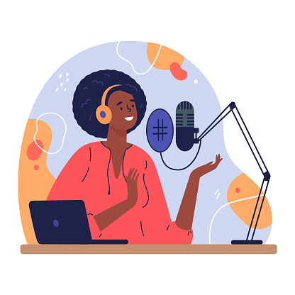 Radio host.Podcast concept illustration.Young female podcaster sitting at a table in the studio and records her voice.Broadcaster at workspace.Vector colourful illustration.Isolated cartoon character