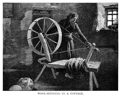 Wool Spinning in a cottage - Scanned 1890 Engraving