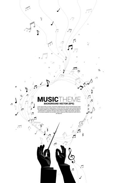 Vector silhouette of conductor hand with music melody note dancing flow . Concept background for classic music concert and recreation. orchestra abstract stock illustrations