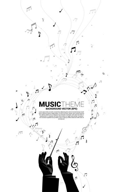 Vector silhouette of conductor hand with music melody note dancing flow . Concept background for classic music concert and recreation. conductor baton stock illustrations