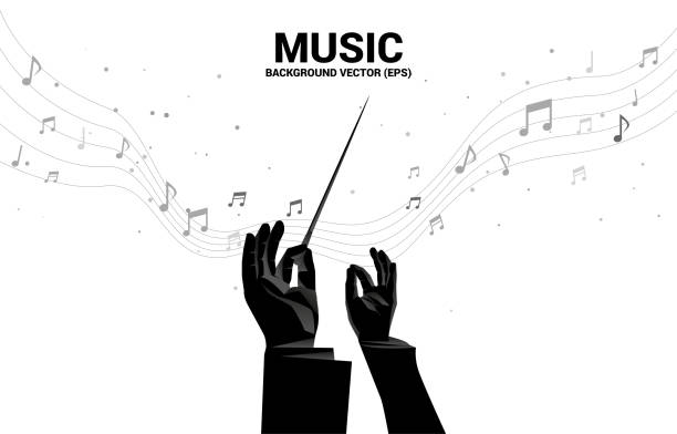 Vector silhouette of conductor hand with music melody note dancing flow . Concept background for classic music concert and recreation. conductor baton stock illustrations