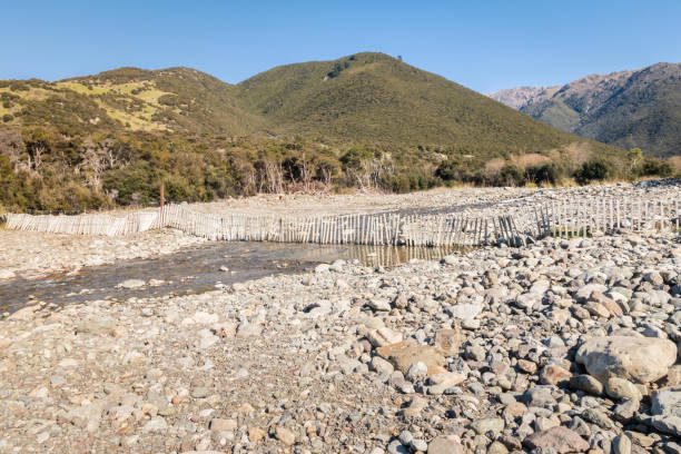 black birch river mit felsbrocken in awatere valley, marlborough region, neuseeland - marlborough region zealand new landscape stock-fotos und bilder