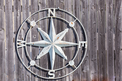 Compass Showing North, South, East And West On Wooden Fence