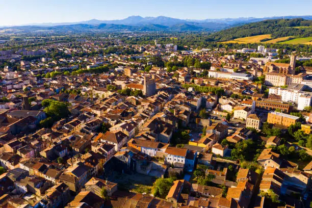 Panoramic aerial view of Pamiers cityscape with buildings, located on the river Ariege, France