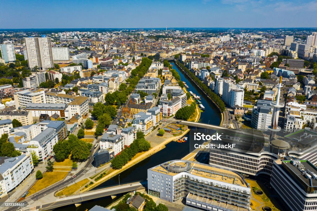 Rennes city with modern apartment buildings , Brittany region, France Panoramic view of  Rennes city with modern apartment buildings , administrative center of Brittany region, France Rennes - France Stock Photo