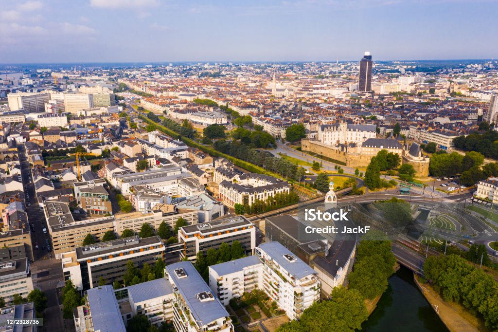 Drone view of modern and historical districts of Nantes, France Picturesque view from drone of modern and historical districts of Nantes in summer, Loire-Atlantique, France Nantes Stock Photo