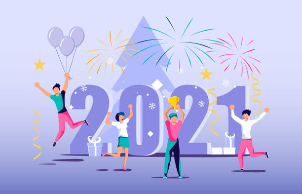 2021 banner template 2021 banner template. Business people celebrate new year concept. Isolated on white. Flat Art Vector Illustration office parties stock illustrations