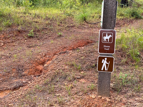 Horse and hiking trail sign on post