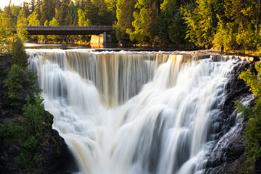 4K Video of the Kakabeka Falls in the Kakabeka Falls Provincial Park, Ontario, Canada at Sunset