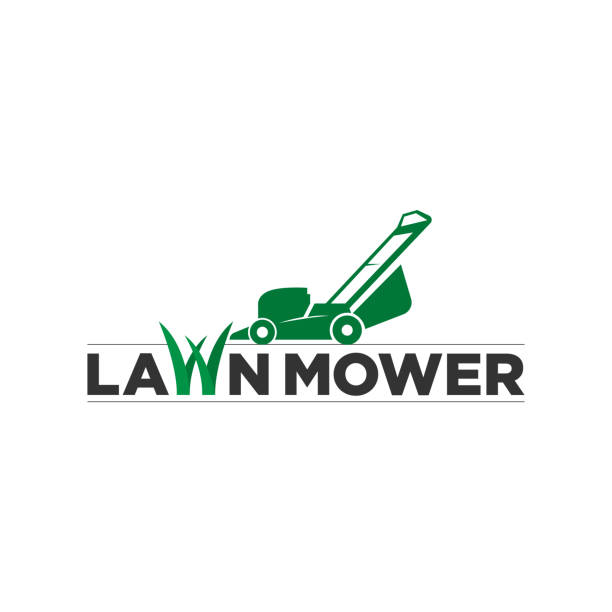 Lawn mower sign for cutting grass company lawnmower logo, lawn moving and lawn care service logo , cutting grass company logo vector mower blade stock illustrations