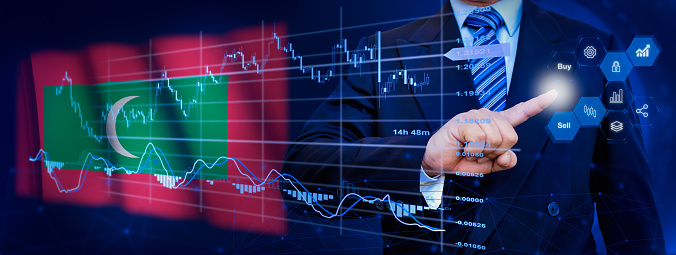 Businessman touching data analytics process system with KPI financial charts, dashboard of stock and marketing on virtual interface. With Maldives flag in background.