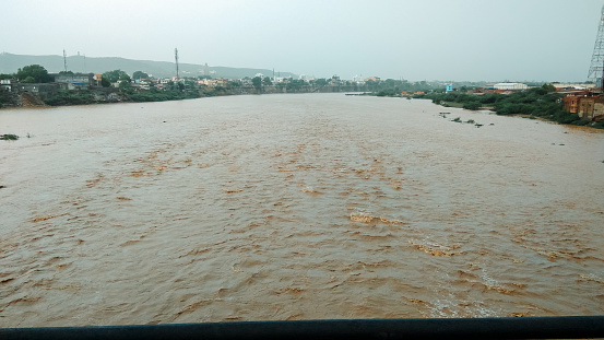 View of the flooded Macchu River in Wankaner, Gujarat, India