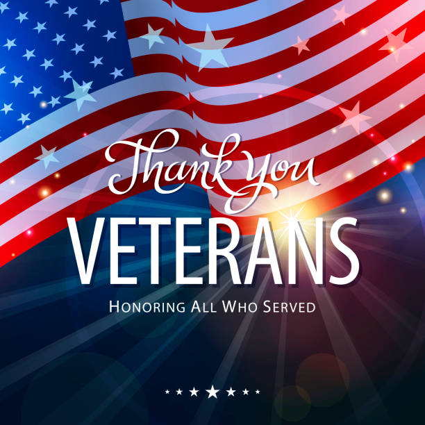 Honoring Veterans The ceremony of Veterans Day that honors all military veterans who served in the United States in all wars with American flag and light beam on the blue sky background veteran stock illustrations