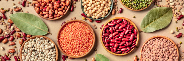 Legumes assortment, overhead panorama on a brown rustic background. Lentils, soybeans, chickpeas, red kidney beans, black-eyed peas, a vatiety of pulses Legumes assortment, overhead panorama on a brown rustic background. Lentils, soybeans, chickpeas, red kidney beans, black-eyed peas, a vatiety of pulses with bay leaves organic red cowpea beans stock pictures, royalty-free photos & images