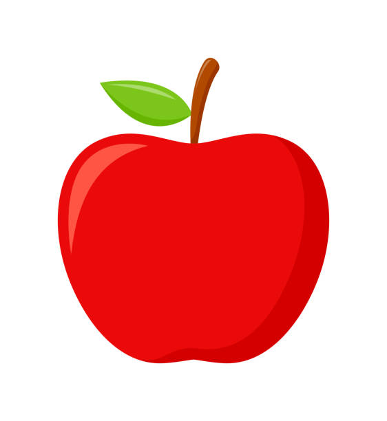 красное яблоко с зелеными листьями изолированы на белом фоне, плоский дизайн, фруктовый вектор иллюстрации - apple stock illustrations