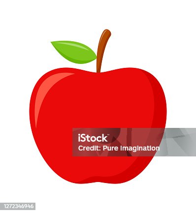 istock Red apple with green leaves isolated on white background, flat design, fruit vector illustration 1272346946