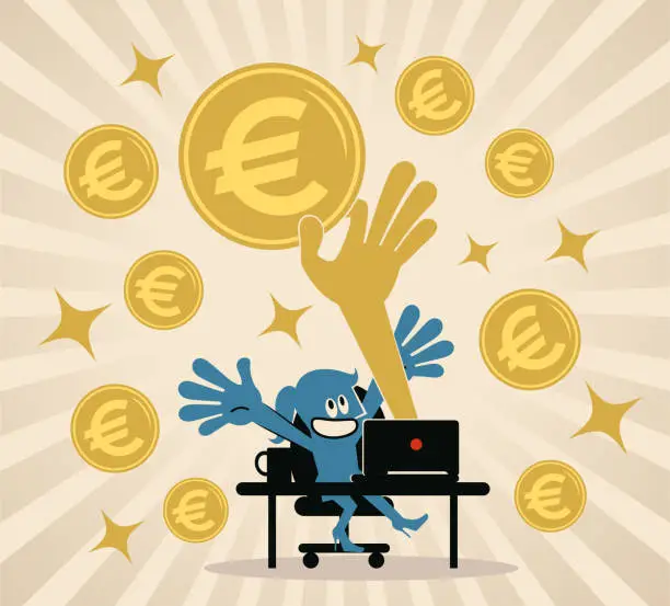 Vector illustration of Businesswoman (young woman) works on laptop, a hand comes out of the monitor and gives her lots of money (Euro sign coin European Union currency); Concept about making money online, telecommuting, working at home