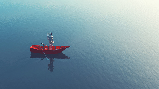 Astronaut in a red boat in the ocean . This is a 3d render illustration .