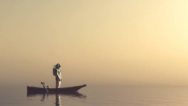 Astronaut in a red boat in the ocean . This is a 3d render illustration .