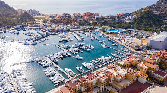 Sarasota Marina and Skyline drone angle view.