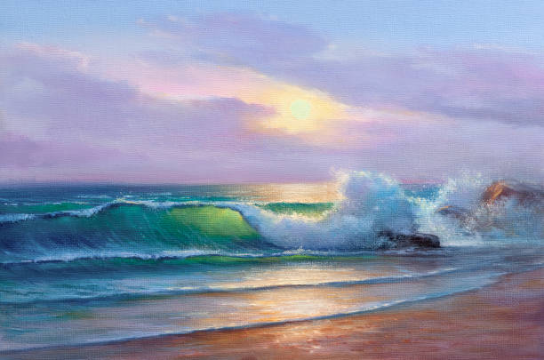 istock Sea wave on the beach at sunset time, sun rays, painting by oil on canvas. 1272353477
