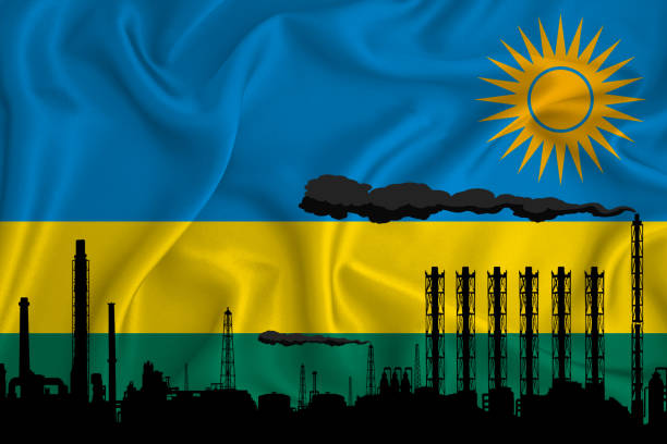 istock Rwanda flag, background with space for your logo - industrial 3D illustration.Silhouette of a chemical plant, oil refining, gas, energy icons. heavy industry. 1272354921