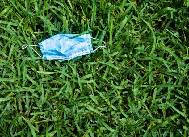 istock Blue surgical mask discarded onto grass 1272355317