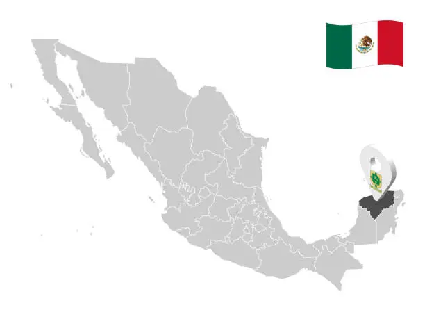 Vector illustration of Location of  Yucatan on map Mexico. 3d location sign of Yucatan. Quality map with  provinces of  Mexico for your design. EPS10.