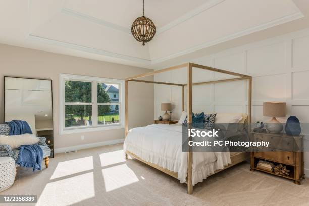 Gorgeous Light And Bright Bedroom With Four Poster Bed Stock Photo - Download Image Now