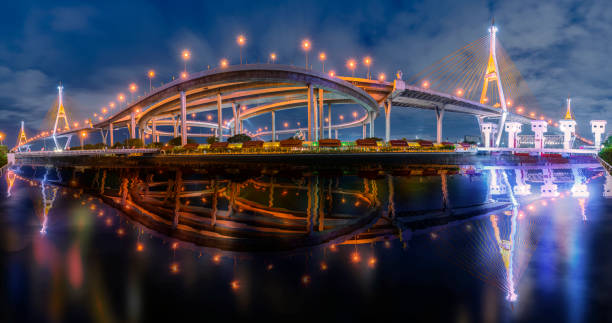 Pnorama Bhumibol Bridge Pnorama Bhumibol Bridge, Turn on the lights in many colors at night. Thai translation: the name of the bridge over the pillar "Bhumibol Bridge 1" and "Bhumibol Bridge 2" blue yellow lights stock pictures, royalty-free photos & images