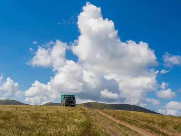 Military off-road truck on the mountain top. Borzhava, Ukraine